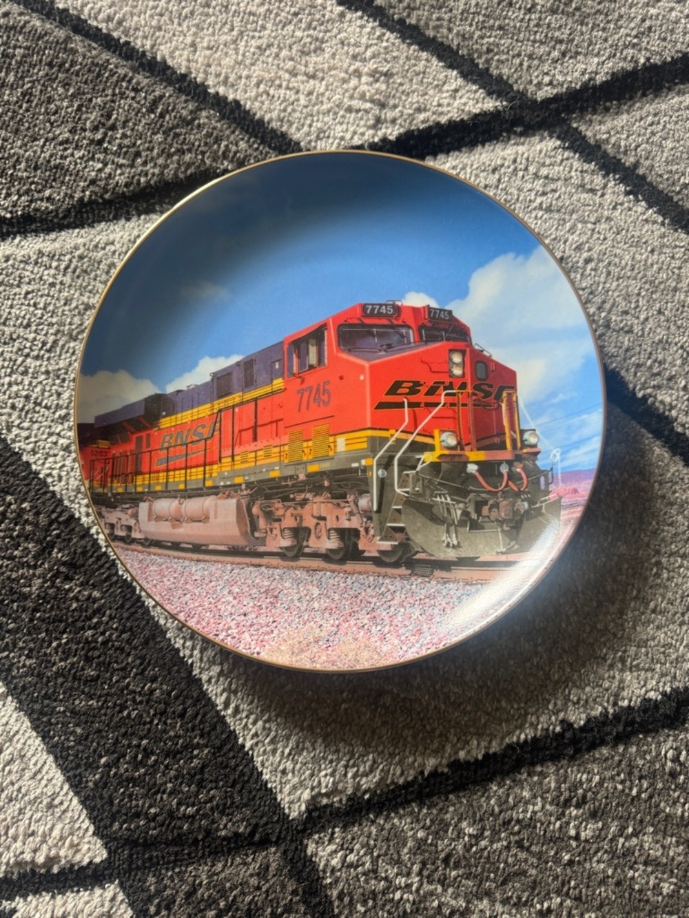BNSF Locomotive Decorative Dinner Plate in Red, Yellow and Blue with Gold Trim